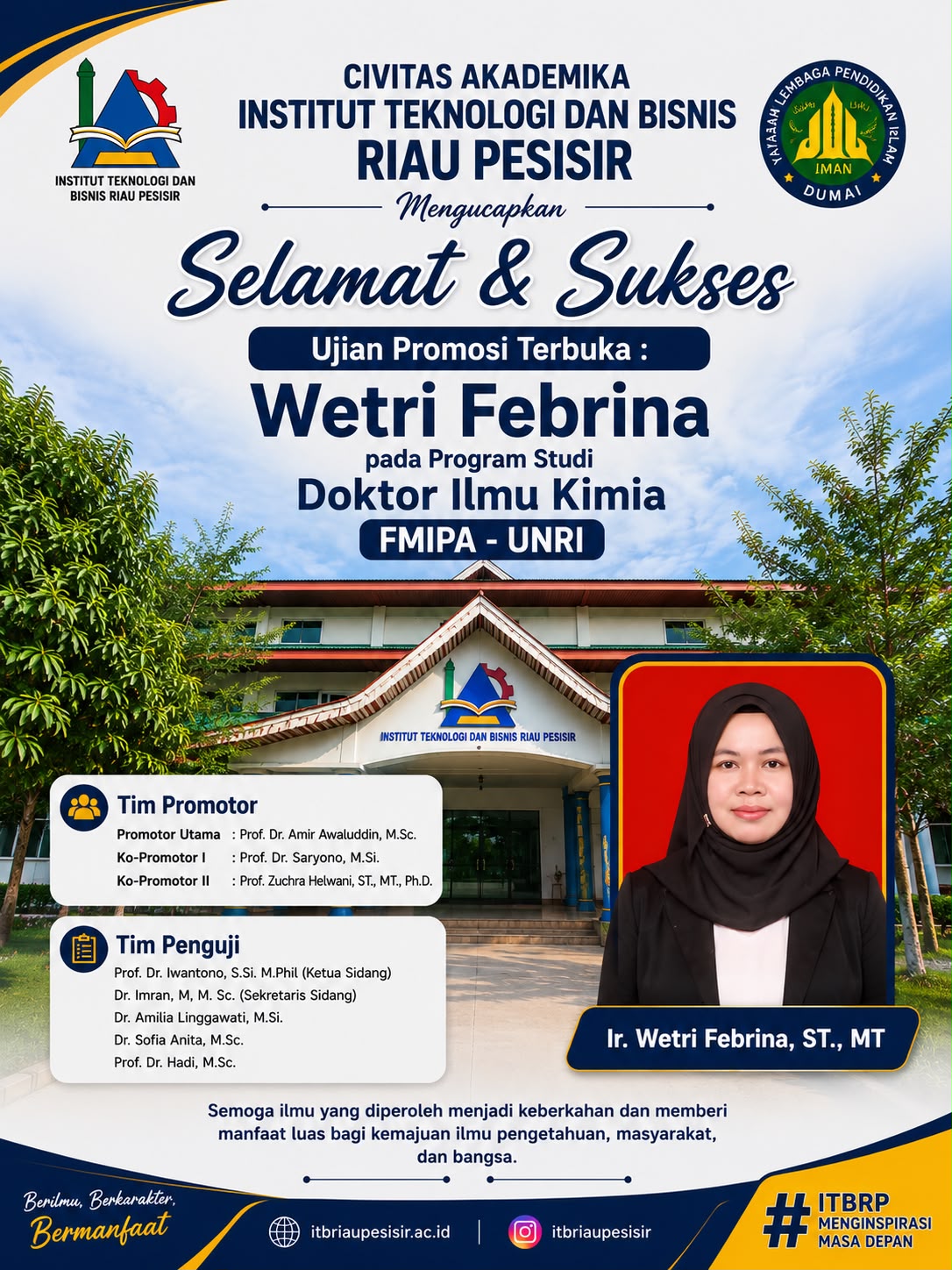 Dosen ITB Riau Pesisir Resmi Raih Gelar Doktor Ilmu Kimia melalui Sidang Terbuka di Universitas Riau