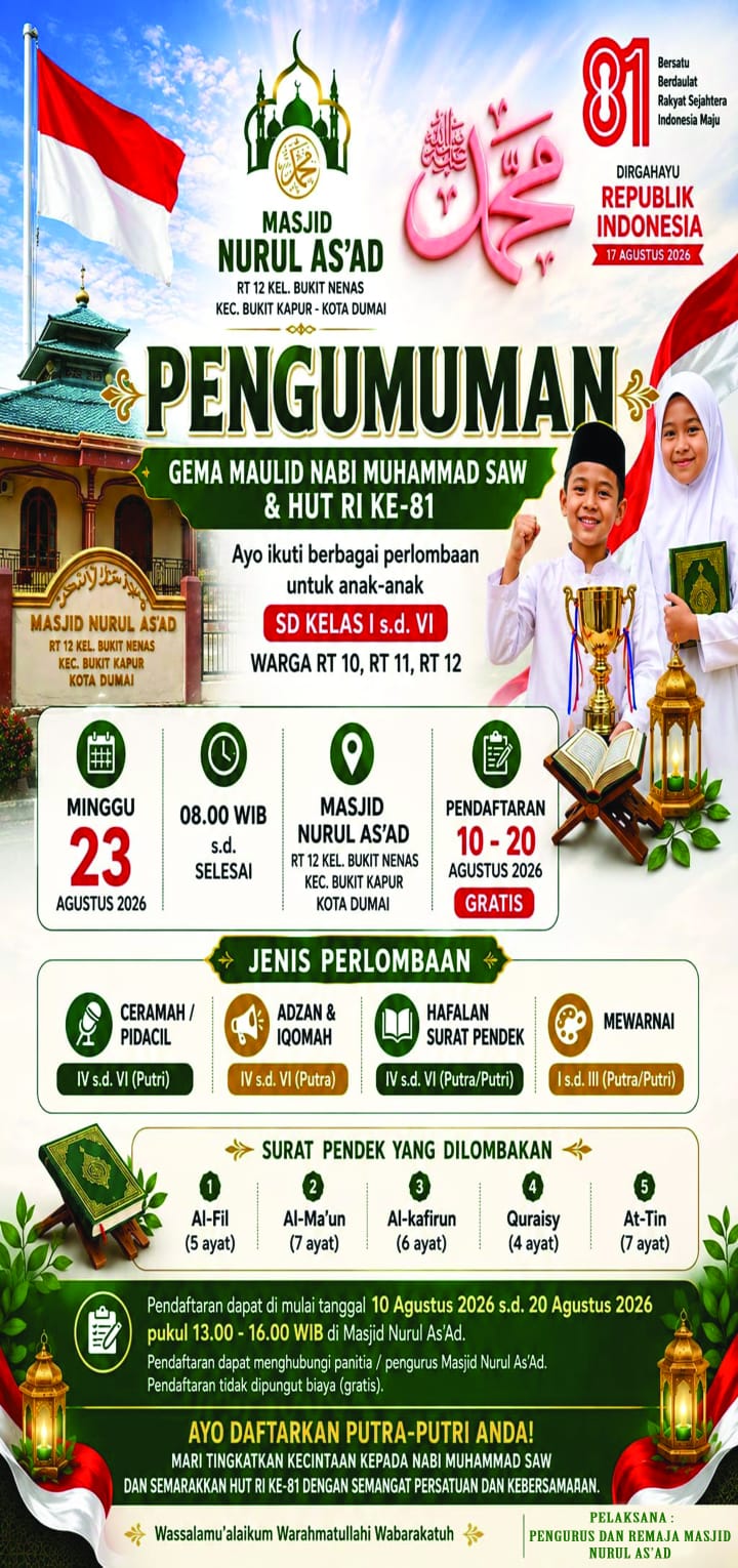 Perdana Digelar, Masjid Nurul Asa'ad Bukit Nenas Gelar Gema Maulid Nabi SAW dan Semarak HUT RI Ke-81