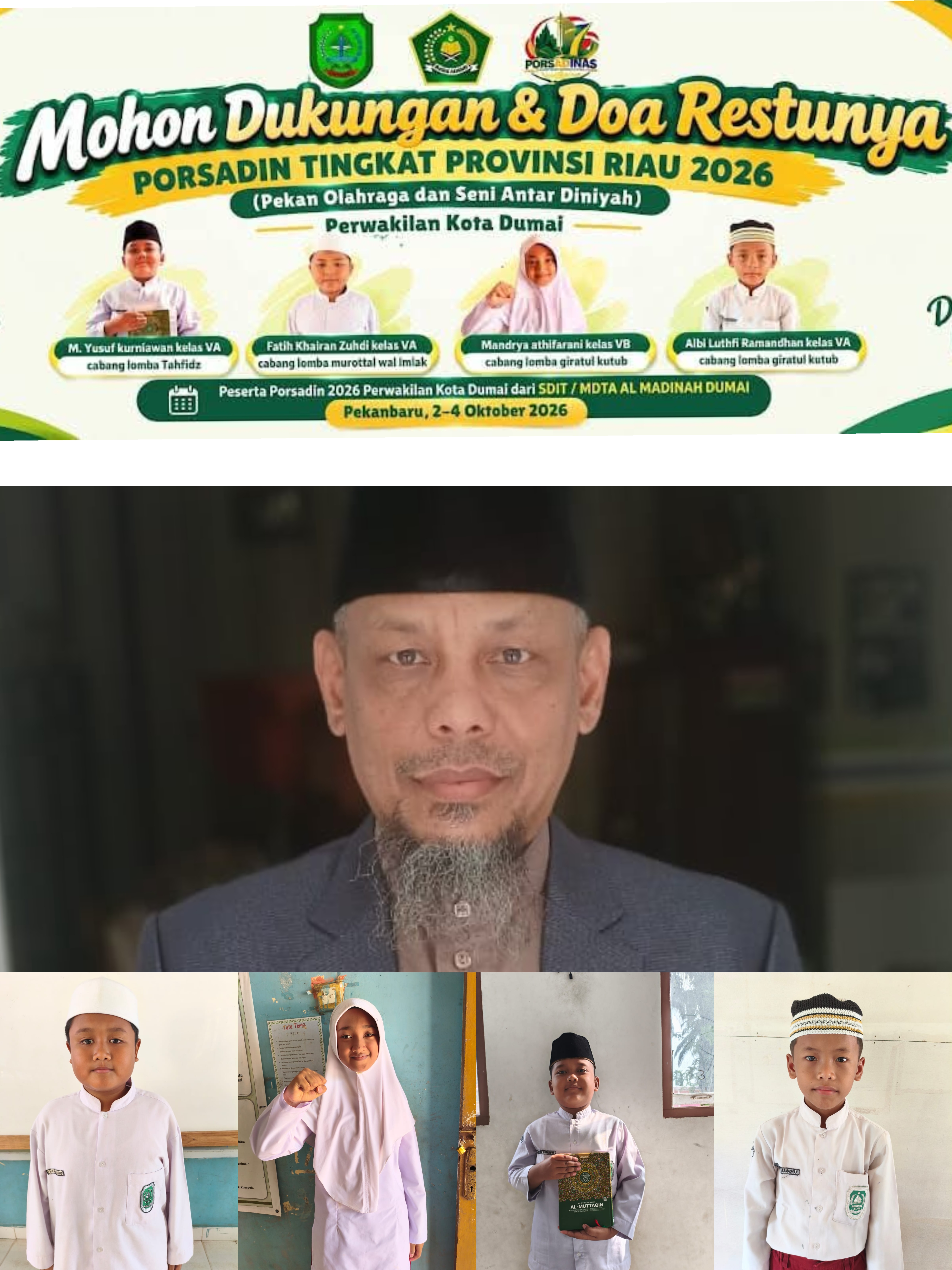 Empat Santri SDIT/MDTA Al-Madinah Dumai Wakili Kota Dumai di Porsadin Tingkat Provinsi Riau 2026